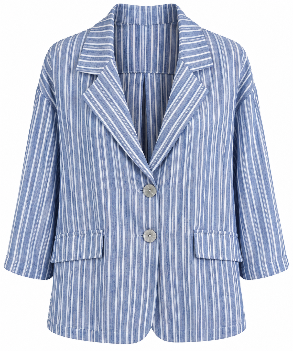 Blaue Streifen-Blusenjacke Damen – Leichte Sommerbluse mit Knopfleiste & Leinenlook