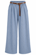 Leinenlook Palazzo-Hose Hellblau Weiß Gestreift mit Gürtel – Sommerhose Damen Wide Leg