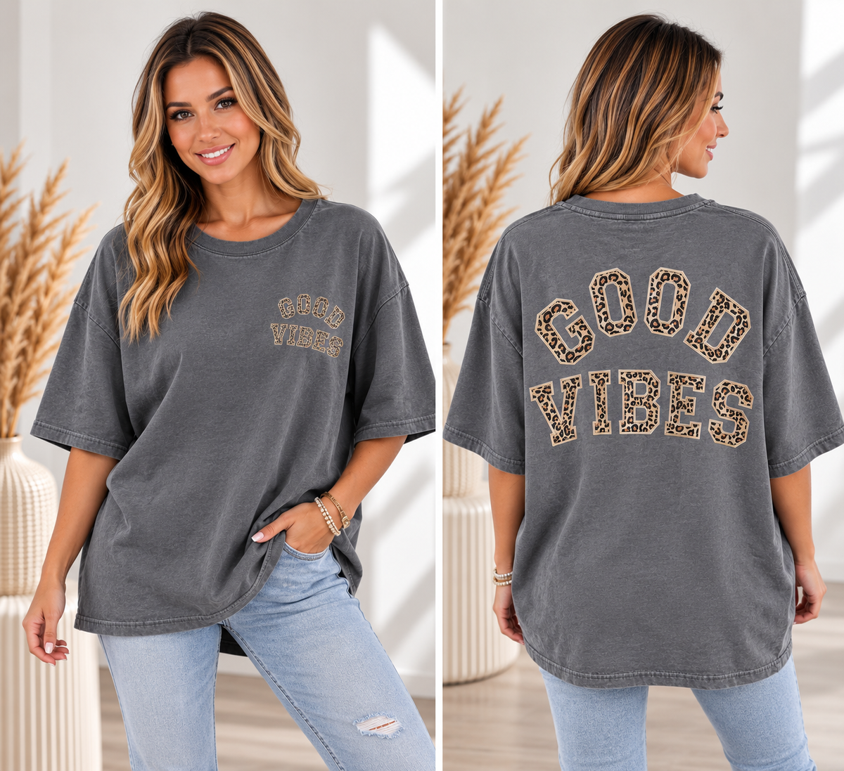 GOOD VIBES Oversize T-Shirt Grau mit Leo-Print – Trendshirt Damen