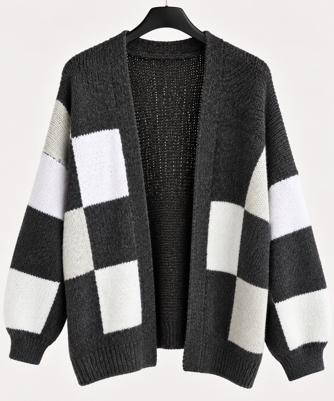 Oversize Strickjacke Damen Schwarz-Creme – Kuschelige Cardigan Jacke mit Colorblock-Muster
