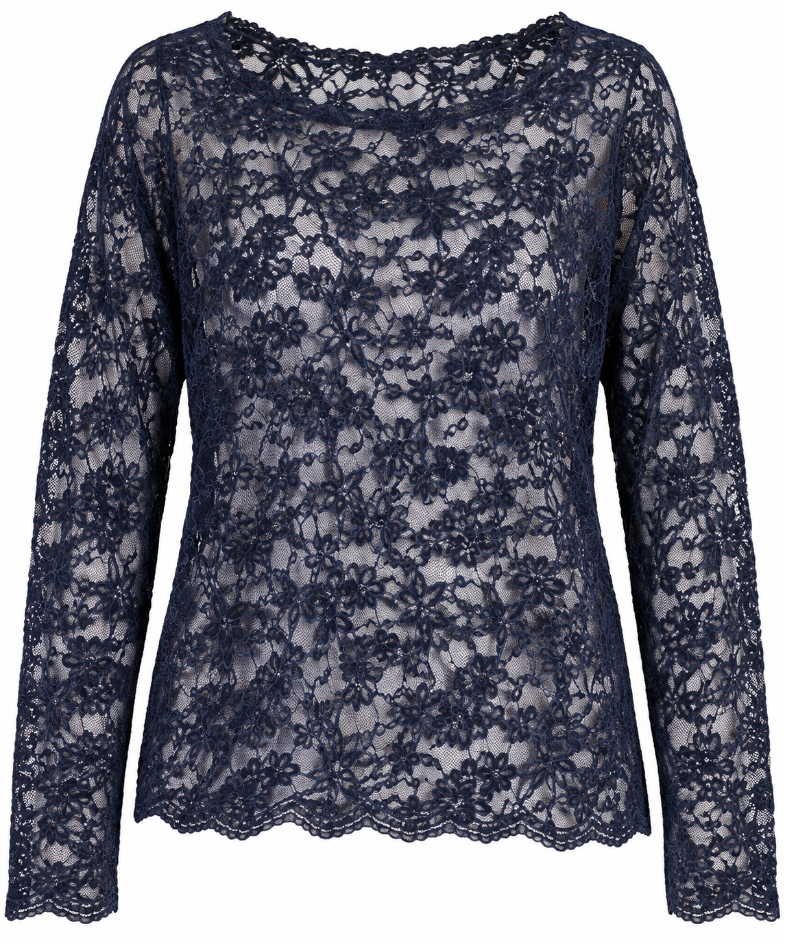 Spitzenshirt Dunkelblau Damen – Elegantes Langarm Shirt aus floraler Spitze | Festlich & Feminin