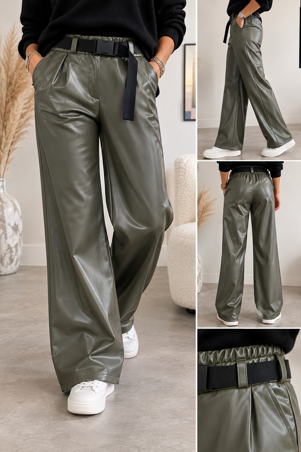 Damen Lederimitat Hose Livorno – Modern & Bequem in Beige, Grün & Blau, Gr. M–L