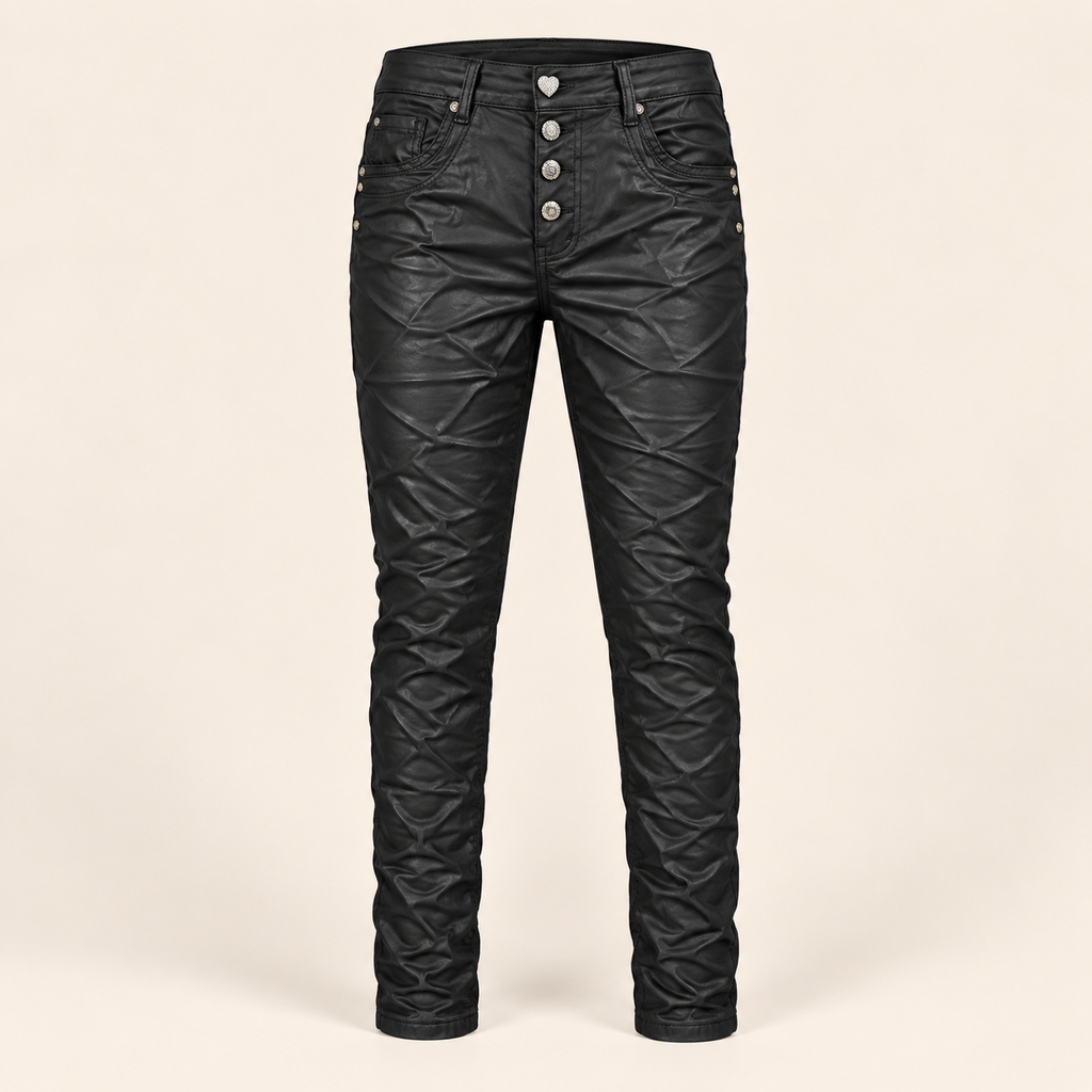 Karostar Lederimitat Hose Schwarz – Coated Look Damenhose mit Knopfleiste