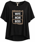 Shirt „WIFE MOM BOSS“ Schwarz – Trendiges Statement-Shirt mit Leo-Print | Damen Shirt One Size