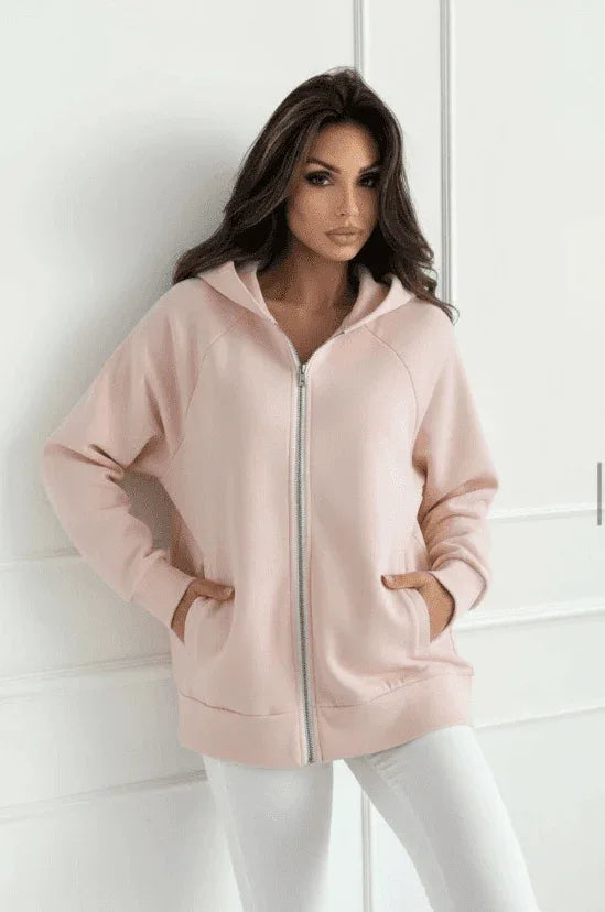 Damen Oversize Sweatjacke Rosa – Lässige bequeme Kapuzenjacke mit Reißverschluss