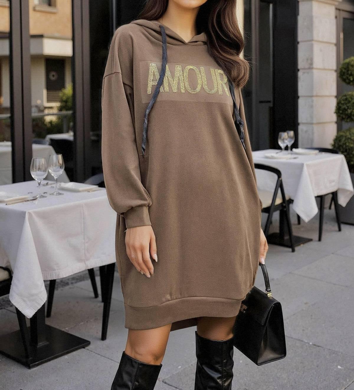Damen Casual-Kleid mit Print & Kapuze – Bequemes lässiges auffälliges Kleid in 3 Farben