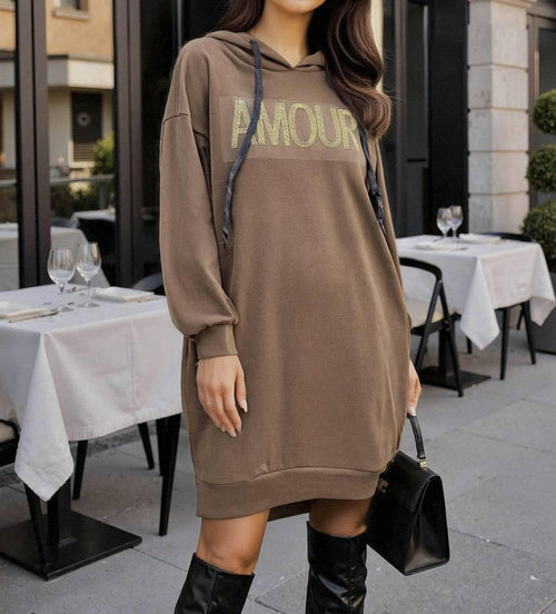 Damen Casual-Kleid mit Print & Kapuze – Bequemes lässiges auffälliges Kleid in 3 Farben